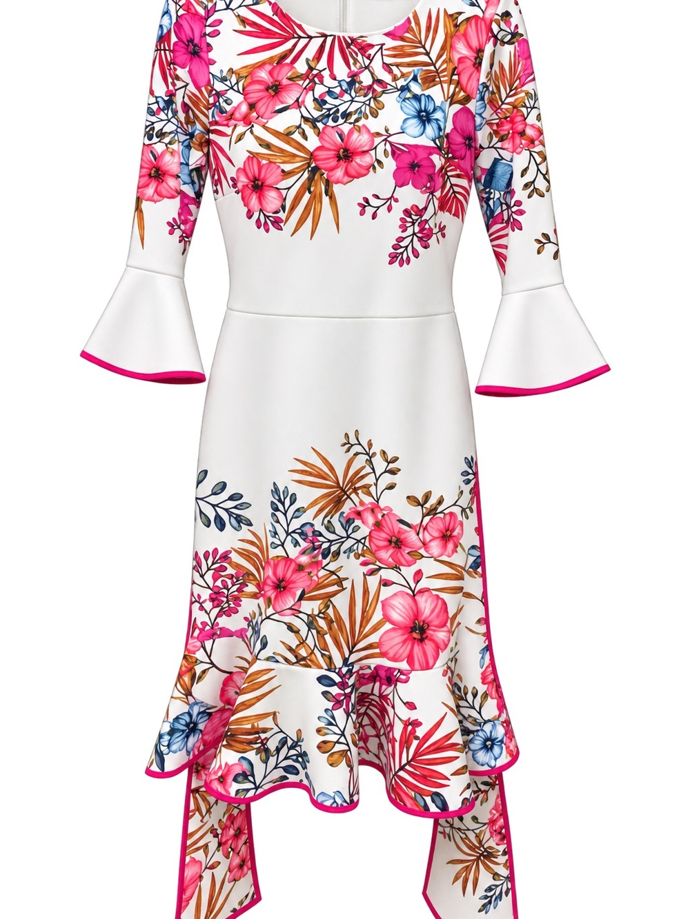 New York & Company White Floral High-Low Dress with Pink Trim